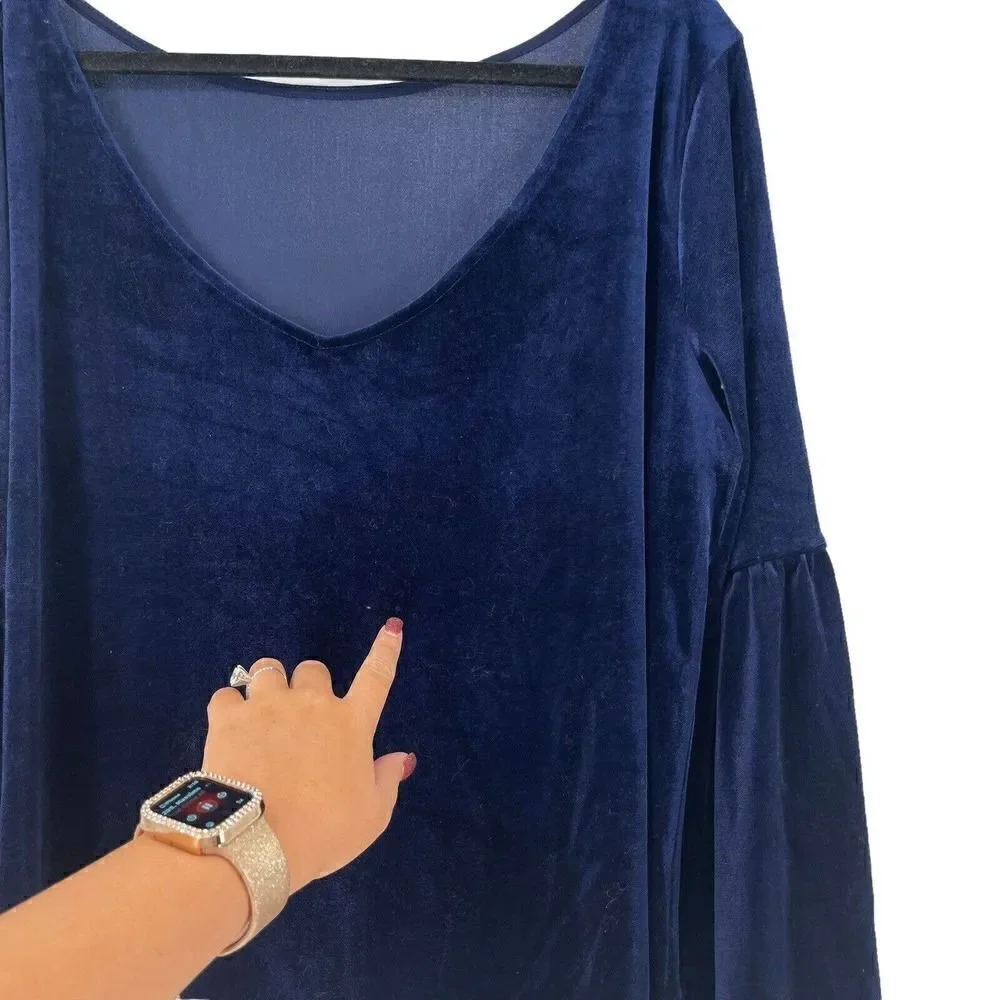 Navy Blue Velvet Top Bell Sleeve Scoop Back Boat Neck Jessica Simpson Size 2X